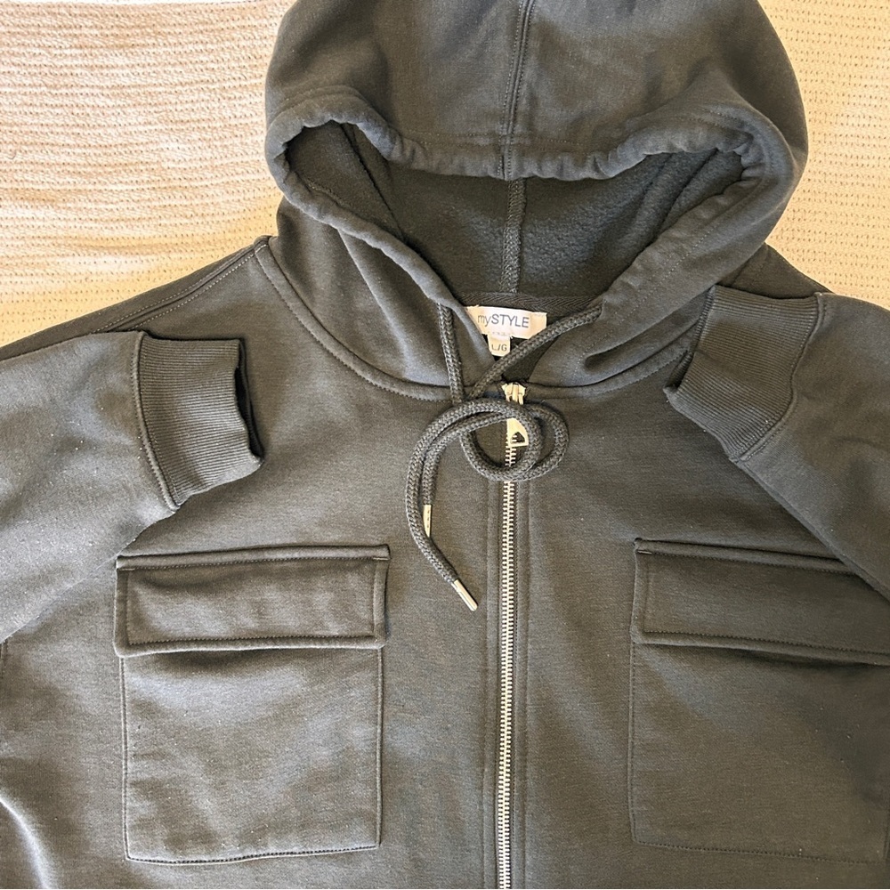 Women's Large Cropped Hoodie Zipped Front Pockets Dark Grey Oversized - Picture 8 of 8